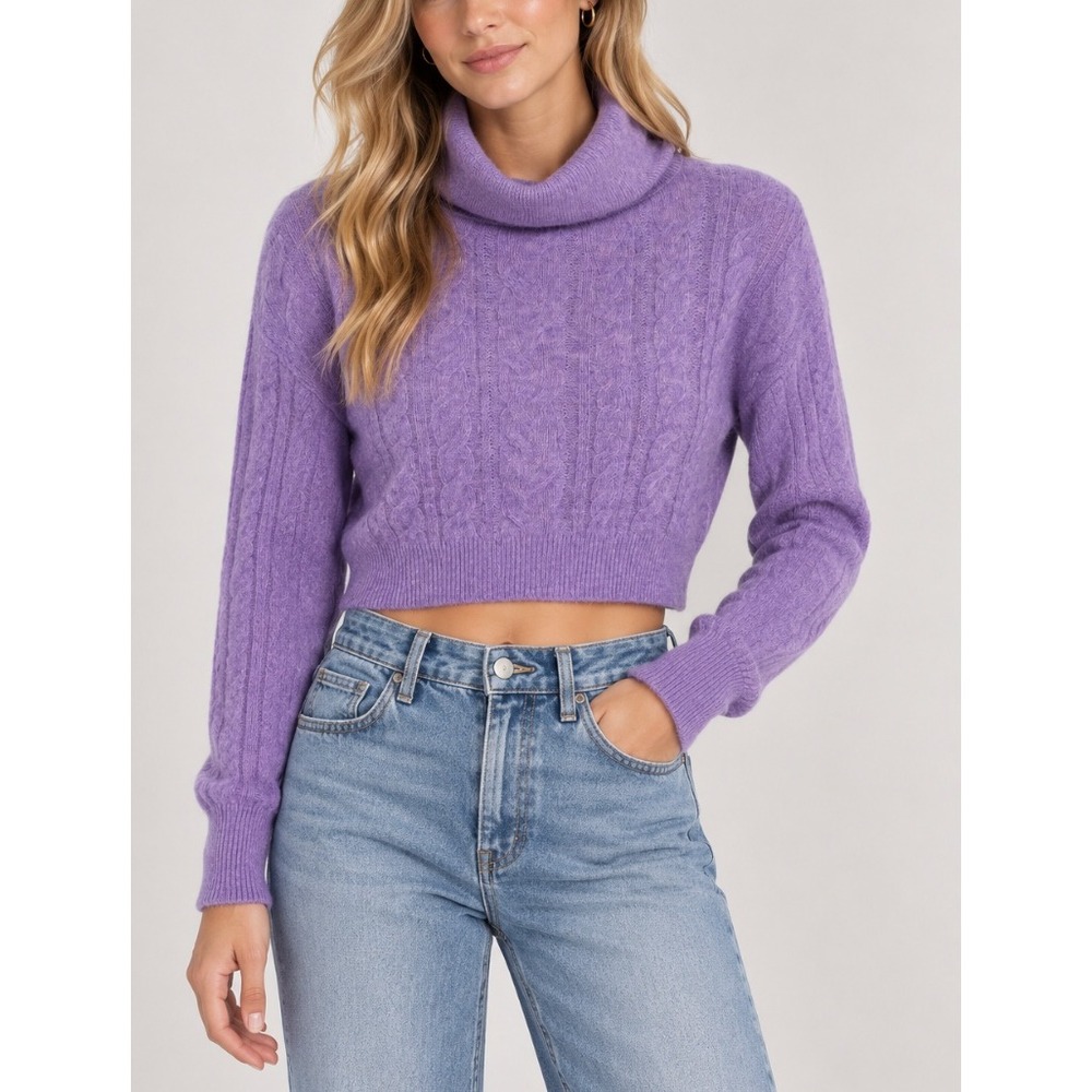 Industry Republic Purple 100% Cashmere Cable Knit Cropped Turtleneck XS